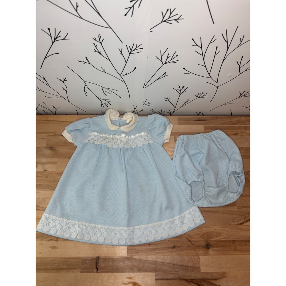 Vintage Carters Baby Girls Blue Striped Lace Dress and Bloomers Set 24 Months